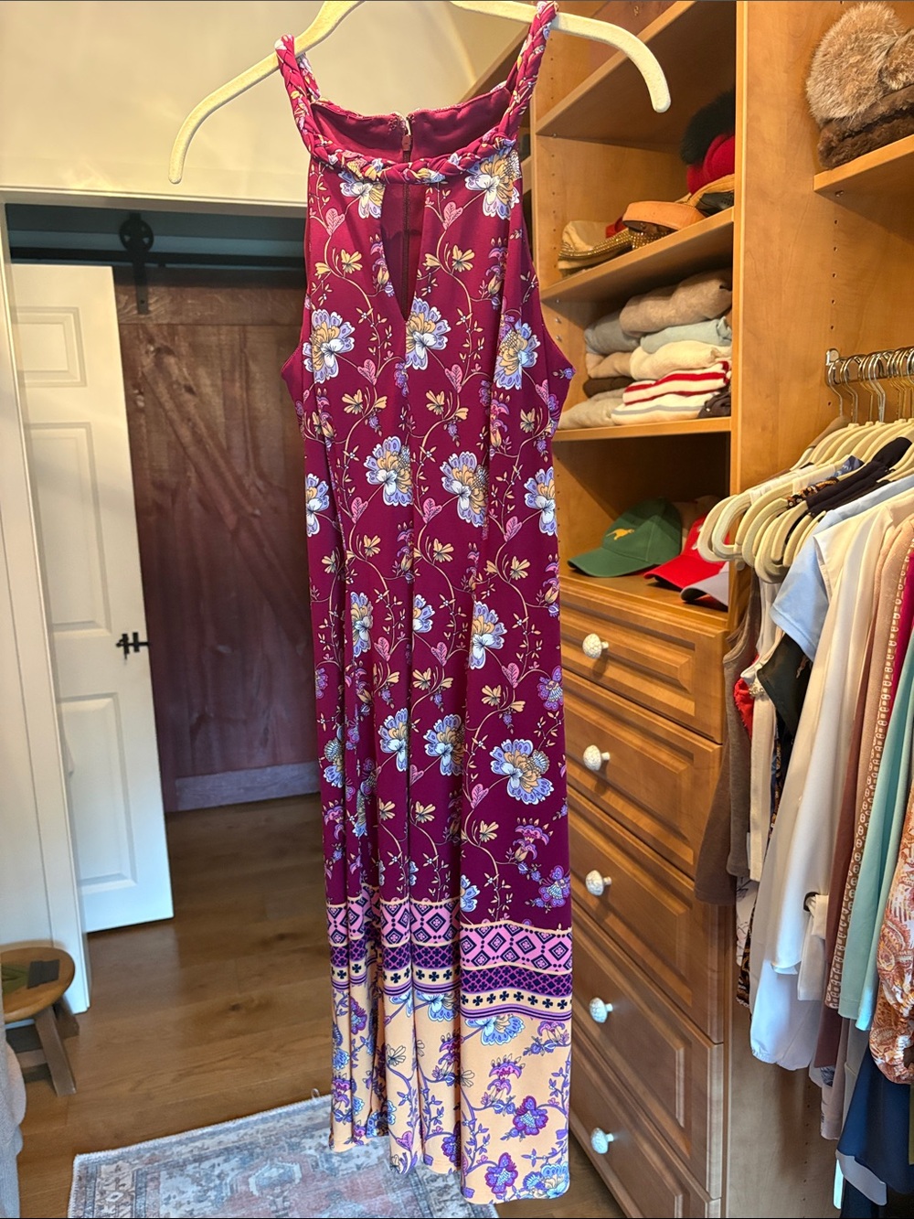 Sleeveless Floral Halter Maxi Dress in Burgundy